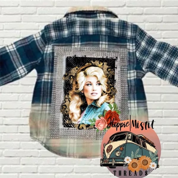 Custom Dolly Parton Bleached Flannel Shirt: Rhinestone/Sequin Trim