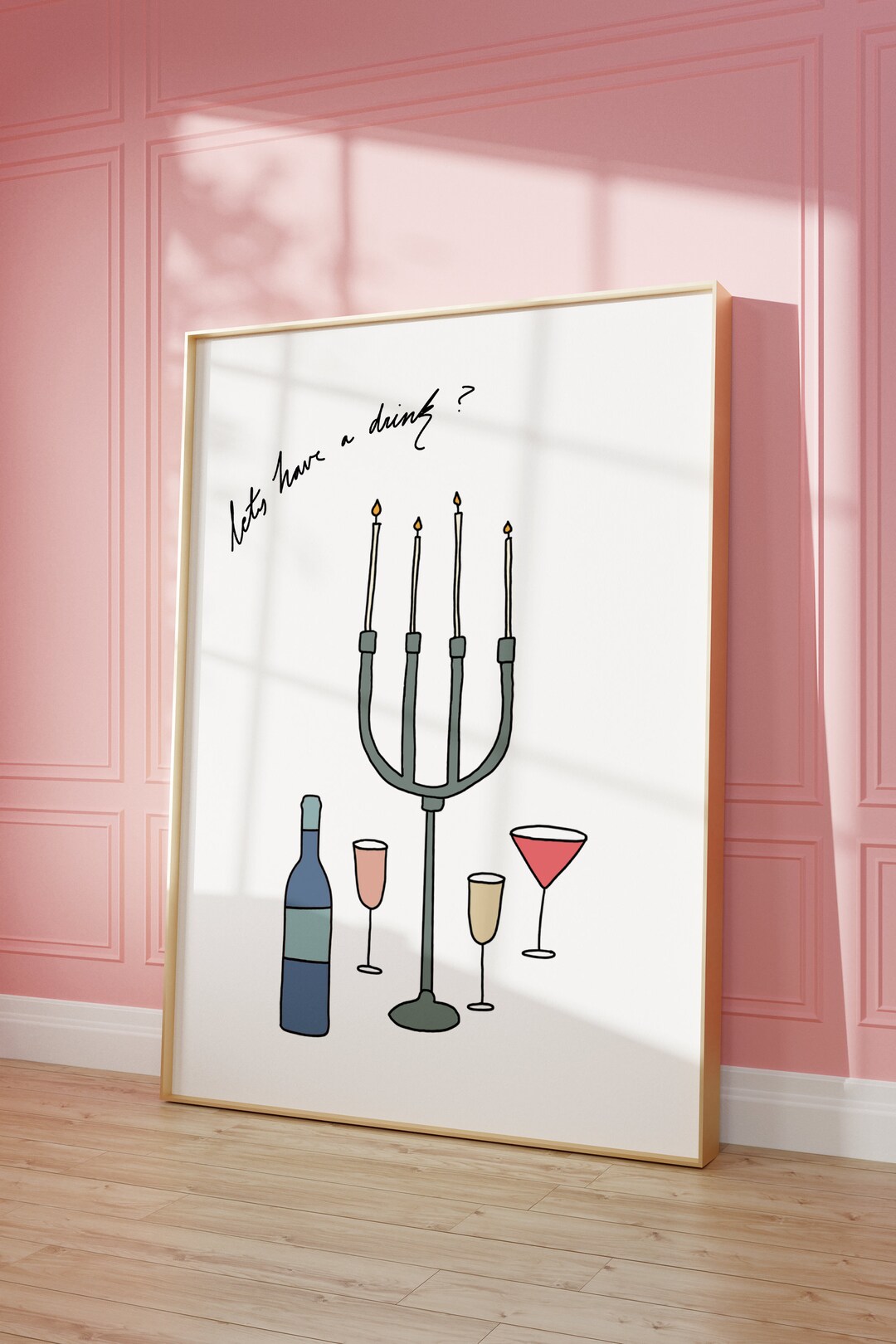 Handdrawn Candles, Wine, and Wine Glasses Poster Kitchen and Bar Cart