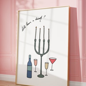Hand-Drawn Candles, Wine, and Wine Glasses Poster - Kitchen and Bar Cart Wall Art - Trendy Printable Art - Digital Download - Cocktail Art
