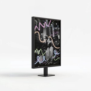 May include: Black and white photograph of a person singing on stage with a microphone. The photo is framed in a black frame and has colourful abstract doodles around it. The text "It's okay if it's messy" is written in pink on the photo.