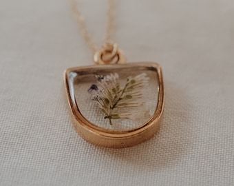 Pressed Caspia Flower Necklace: Antique Gold Resin Pendant, 14k Gold Filled Chain