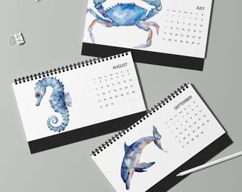 2027 Watercolor Marine Life Desktop Calendar | Whale, Ray, Octopus (10" x 5")