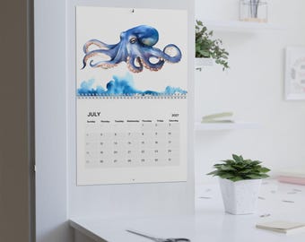 Calendario de pared 2027 con ballenas en acuarela / Planificador mensual de vida marina