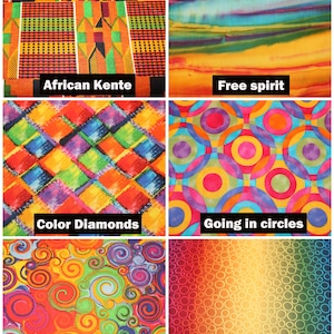 以下が含まれることがあります： カラフルなパターンが施された10種類の異なる生地見本のコラージュ。見本は5行2列のグリッドに配置されています。パターンには、アフリカのケンテ、自由な精神、カラーダイヤモンド、円を描く、カールしたキュー、虹色の泡などがあります。