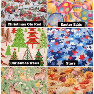 May include: A collage of six different fabric patterns. The top left pattern features red trucks with American flags on a white background. The top right pattern features colourful Easter eggs on a blue background. The bottom left pattern features Christmas trees on a white background. The bottom right pattern features blue and red stars on a white background. The middle left pattern features brown bunnies and yellow chicks on a green background. The middle right pattern features seashells on a tan background.