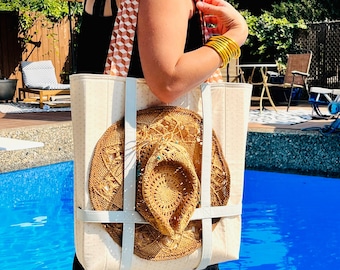 Quilted Hat Tote Bag, Shoulder Bag, Flat Bottom Bag, Everyday Tote, Beach or Pool Tote, Library Tote, Top Handle Bag, Large Tote Bag