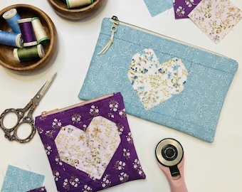 Heartfelt Pouch Sewing Pattern | Flat Zipper Pouch PDF | Quilted Bag | Two Sizes | Beginner Friendly
