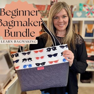 May include: A tote bag featuring a white upper section with a repeating pattern of colorful sunglasses and a dark gray textured lower section. The bag has black straps and a small rectangular red label. Text reads Beginner Bagmaker Bundle.