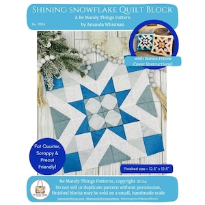 Shining Snowflake Quilt Block Pattern, Winter Quilt, Instant Digital Download, PDF Sewing Pattern, Star Quilt Pattern, Wall Hanging, Pillow