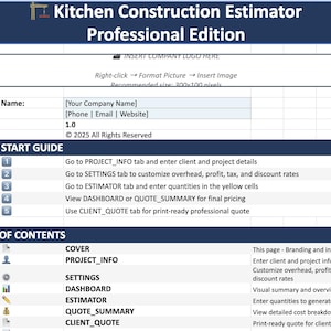 Könnte beinhalten: Eine digitale Tabelle mit dem Titel "Kitchen Construction Estimator Professional Edition" mit blauem Header. Das Dokument enthält Abschnitte für Unternehmensinformationen, eine Kurzanleitung und ein Inhaltsverzeichnis. Der Text enthält Anweisungen zur Verwendung.