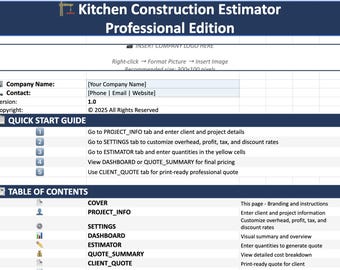 Professionelle Küche Kalkulierer Excel Vorlage | Konstruktion-Quote-Generator | Remodeling Werkzeug