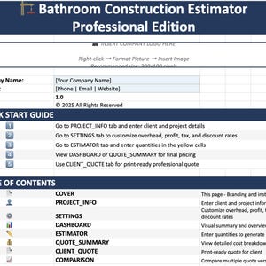 Op de afbeelding: Een spreadsheet met de titel "Bathroom Construction Estimator Professional Edition" met een blauwe kop. Het document bevat secties voor bedrijfsinformatie, een snelstartgids en een inhoudsopgave. De tekst bevat instructies voor projectdetails en offertegeneratie.