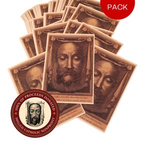 May include: A bulk pack of rectangular prayer cards featuring a sepia-toned illustration of the Holy Face of Jesus. Each card displays a detailed portrait of a bearded man with closed eyes, framed by draped fabric. A red circular badge states BULK PACK.