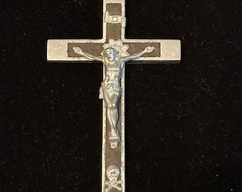 Antique French Silver and Wood Inlay 4" Pectoral Crucifix - Memento Mori