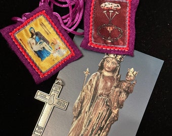 Marie-Julie Jahenny Collection - Cross of Forgiveness, Our Lad of Good Guard Medal and Image, Wearable Purple Scapular( 2″ x 1.5″)