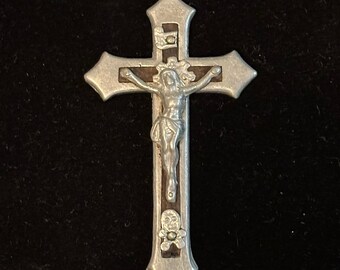 Antique Silver and Wood Inlay Pectoral Crucifix - Memento Mori