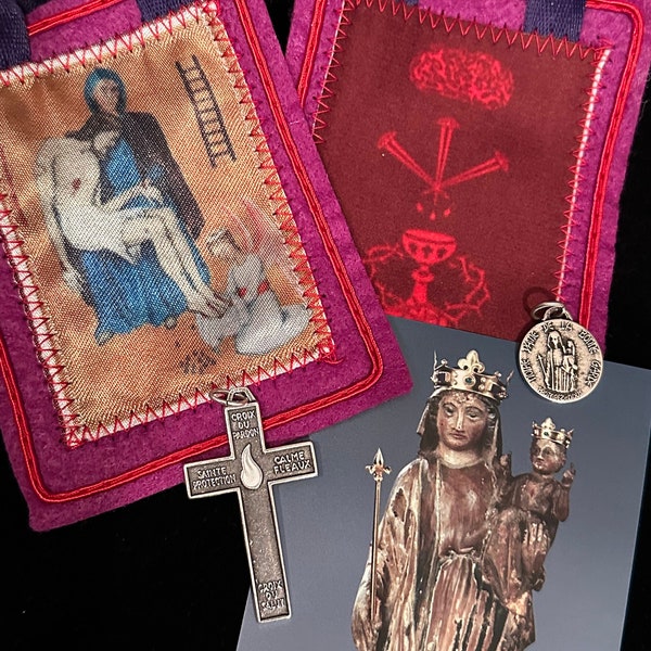 Marie-Julie Jahenny Collection - Cross of Forgiveness, Our Lad of Good Guard Medal and Image, Full Size Purple Scapular( 4.5″ x 3.5″)