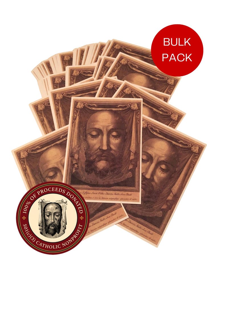 May include: A bulk pack of rectangular prayer cards featuring a sepia-toned illustration of the Holy Face of Jesus. Each card displays a detailed portrait of a bearded man with closed eyes, framed by draped fabric. A red circular badge states BULK PACK.