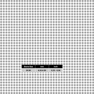 May include: A gray background with a pattern of small, evenly spaced circles. A table shows the stone size is 55-30, the measurement in millimeters is 6.32-6.50, and the measurement in inches is 0.25-0.26.
