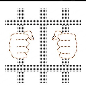 May include: A black and white pixelated image of two brown hands reaching through a jail cell.
