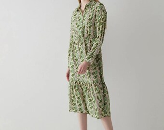 Leaf Pattern Midi Dress - Green, Comfortable, Stylish and Luxurious Midi Dresses - Dresses for Summer, Spring, Formal, Gift - ZEGSEN