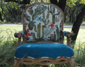 Upcycled Rustic Boho Bergère Chair w/ Cute Cactus Fabric  ***This chair has SOLD, but please contact me to create one uniquely for you***