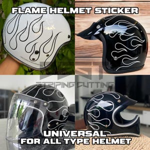 May include: A set of white flame-shaped vinyl decals designed for motorcycle helmets. The stickers feature a continuous outline pattern that can be applied to various helmet styles, including open-face and full-face models, as shown in the images.