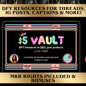 The 5 Dollar Vault DFY Carousels Hooks Captions & ChatGPT Fragen zum Verkauf Ihrer digitalen Produkte Done for You Content Low Ticket Resell Guide