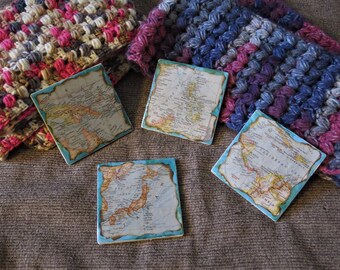 Decorative tile / coaster set of 4 with vintage maps - Ocean themed