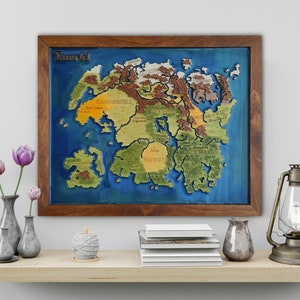 Mapa de madera de Skyrim / Mapa de Tamriel grabado en epoxi / Decoración de madera de regalo de The Elder Scrolls TES / Mapa de Morrowind Oblivion