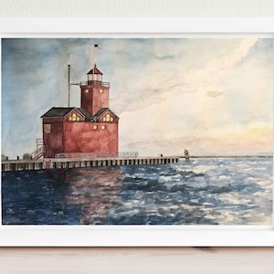 Holland Harbor Lighthouse Watercolor, Big Red Lighthouse, Michigan Lakefront Painting, Michigan Shorefront Art Print, Lake Michigan Wall Art