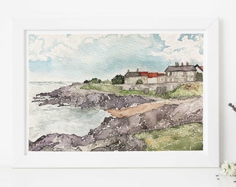 Greystones Ireland Cove Watercolor, Ireland Landscape, Coastal Town Scene, Celtic Lands Print, Irish Beach Print, County Wicklow Painting