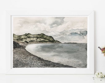 Greystones North Beach Watercolor, Irish Nature Landscape Scene, Celtic Lands Wall Art, Coastal Beach Decor, County Wicklow Ireland Painting