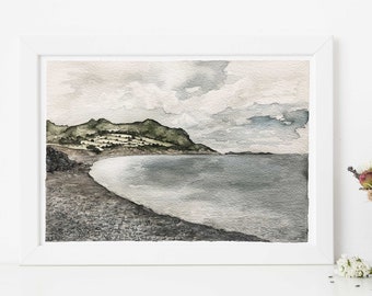 Greystones North Beach Watercolor Print: Irish Coastal Landscape Art