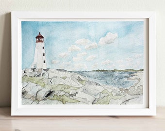 May include: A watercolor painting of a white lighthouse with a red roof on a rocky coastline. The sky is blue with white clouds. The ocean is a light blue color.