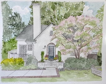 Portrait de maison peint à la main : illustration de maison personnalisée à l'aquarelle