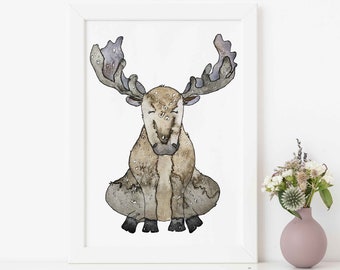 Moose Nursery Decor | Watercolor Moose Print | Wildlife Moose Print | Baby Boy Nursery Art | Moose Baby Shower |  Wild Baby Animal Portrait