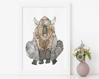 Impresión de acuarela de bisonte: Arte mural para guardería de animales bebés