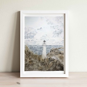 New Zealand Lighthouse Watercolor, Castlepoint Lighthouse, Wairarapa Art Print, Rugged Sea Shore Print, New Zealand North Island Wall Art