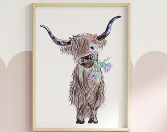 Impresión en acuarela de vaca de las Tierras Altas: Arte ganadero escocés (Descarga digital)