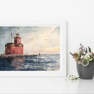 Impression aquarelle phare Holland Harbor : art du lac Michigan image 3