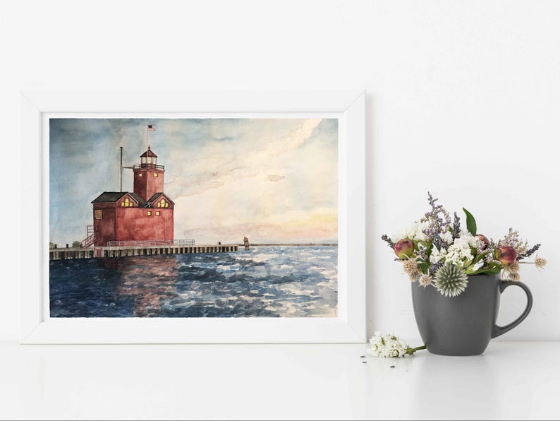 Impression aquarelle phare Holland Harbor : art du lac Michigan image 3