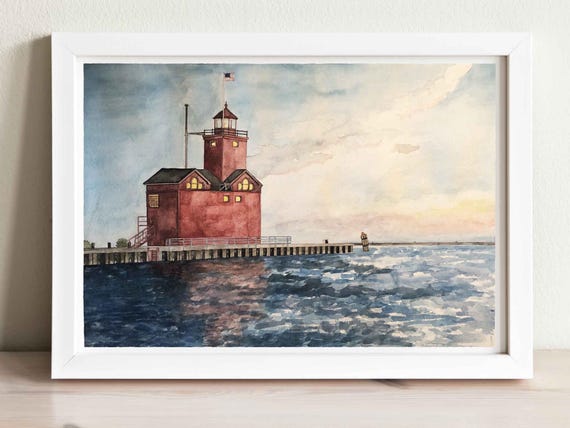 Holland Harbor Lighthouse Watercolor Print: Lake Michigan Art