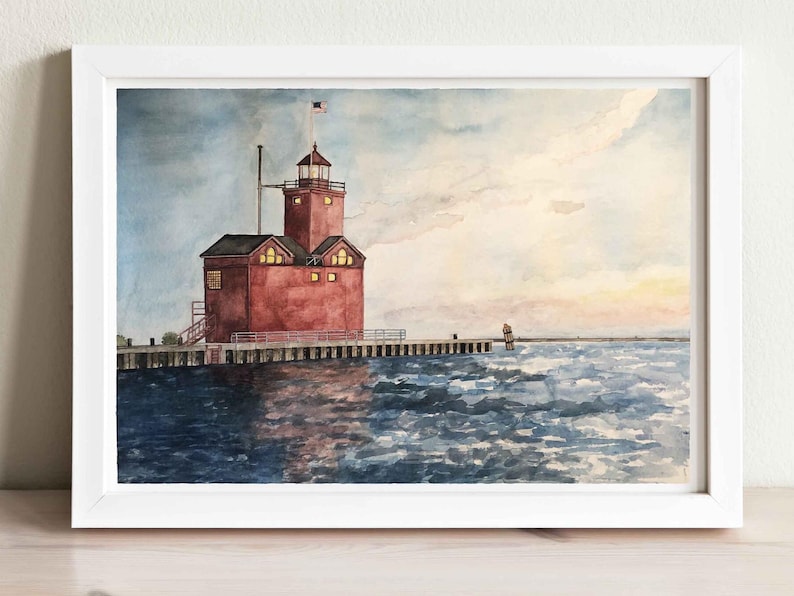 Impression aquarelle phare Holland Harbor : art du lac Michigan image 1