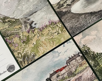 Serie de postales Greystones de Irlanda, juego de cuatro postales en acuarela, pinturas de viajes irlandesas, recuerdo de tierras celtas, turismo del condado de Wicklow