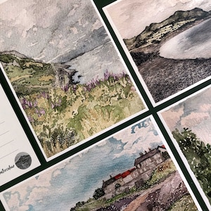 Série de cartões postais Greystones Ireland, conjunto de quatro cartões postais em aquarela, pinturas de viagens irlandesas, lembranças de terras celtas, turismo no condado de Wicklow