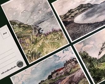 Greystones Ireland Postcard Series, Set of Four Watercolor Postcards, Irish Travel Paintings, Celtic Lands Souvenir, County Wicklow Tourism