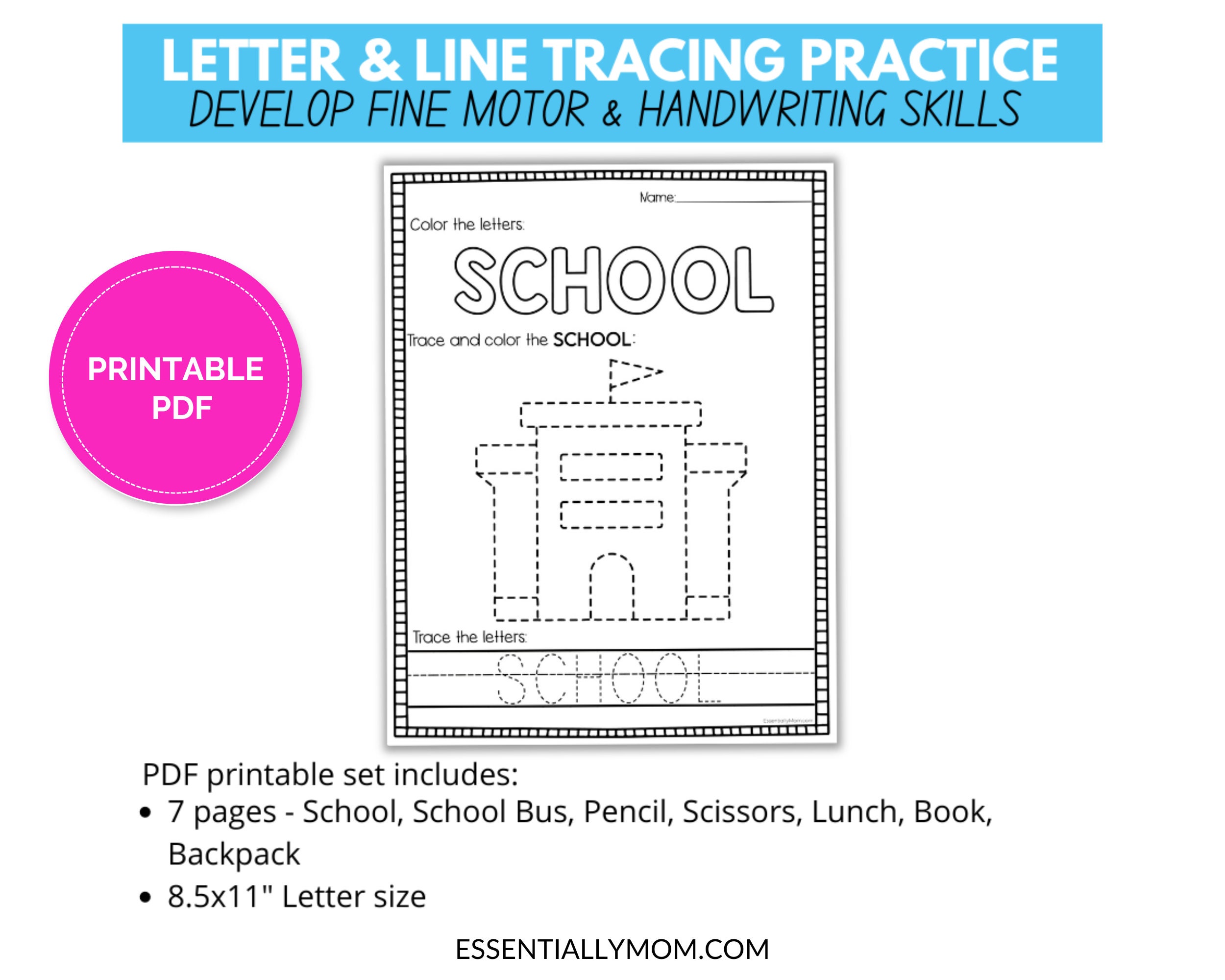 Back to School Tracing and Coloring Pages, Handwriting Practice ...