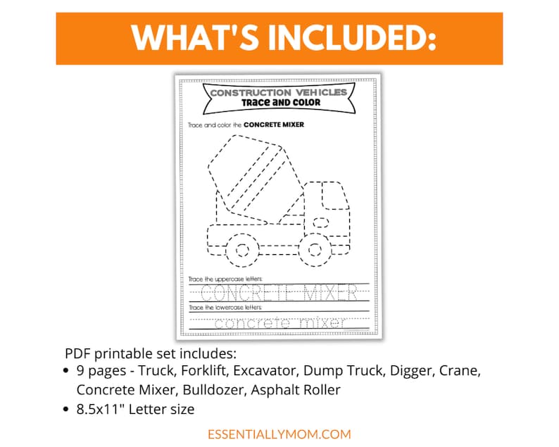 Construction Vehicles Trace and Color Worksheets (digital Download) Etsy