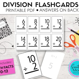 Cartes-éclair imprimables de division 0-12 {avec les réponses au dos}, Cartes-éclair de division de maths Imprimables, Cartes-éclair de division imprimables PDF